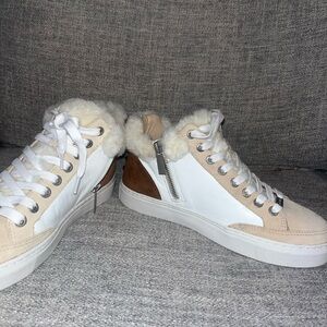 J Slides White and Tan Fur-Lined Sneakers